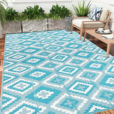 Teal and white geometric pattern enyhom large outdoor rug made of reversible plastic straw perfect for garden or patio use