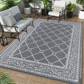 Gray and white geometric patterned enyhom outdoor rugs reversible plastic patio foldable mat for garden and picnic use