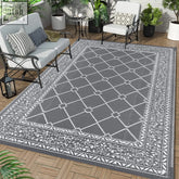 Gray and white geometric patterned enyhom outdoor rugs reversible plastic patio foldable mat for garden and picnic use