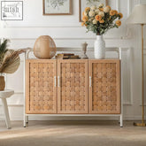 Light wood eris wooden sideboard with three woven doors and white metal frame solid wooden sideboard