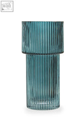 Teal blue glass vase with a ribbed two-tiered design perfect as a decorative glass vase centerpiece