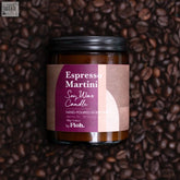 A dark amber glass jar with black lid holding an espresso martini soy wax candle by floh sustainably sourced