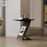 Black z-shaped solid wood eunice side table with magazine rack and sleek matte finish