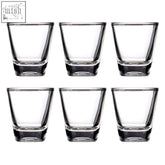 Set of eight clear glass shot glasses 25ml with a modern minimalist design and slightly tapered shape