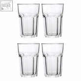 Set of four clear glass tumblers with a classic faceted design perfect for everyday use and entertaining