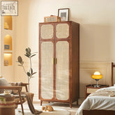 Brown solid wood evelyn two door wardrobe with woven cane panels and gold tone handles in a two door wardrobe design