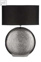 Evette small hammered table lamp with black textured ceramic base featuring raised dots and smooth black fabric shade