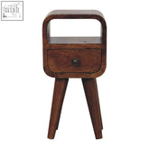 Dark brown wooden extra mini chestnut curve nightstand with open slot, single drawer, and angled legs bedside table