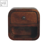 Extra mini curved chestnut bedside table in rustic brown mango wood with single drawer and open slot design