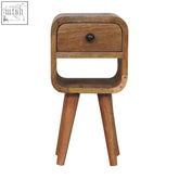 A rustic extra mini oak-ish curve lower bedside table with natural oak finish, single drawer, and black round knob