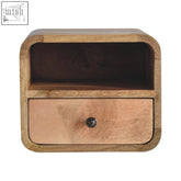 A rustic extra mini wall mounted bedside in mango wood with open slot a single drawer and dark metal knob