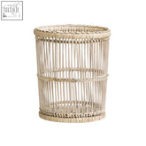 Ezell rattan and bamboo waste bin with off-white woven rattan and white washed finish featuring textured horizontal bands