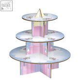 Pink and white cardboard fairy castle tier cake stand with unicorn and castle illustrations for tier cake display