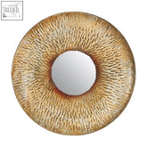 Faiza gold small textured wall mirror with a gold-toned circular frame and radial pattern like an iris
