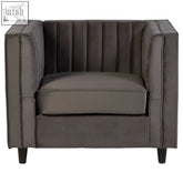 Farah grey velvet chair with dark gray velvet, tufted back, cushioned seat, and sustainable eucalyptus wood feet