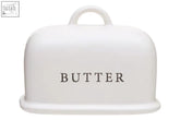 Cream large butter dish white ceramic with handle and butter printed in black for farmhouse style use