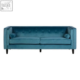 Felisa 3 seat teal blue velvet sofa with button tufting, nailhead trim, and cylindrical cushions for stylish seating
