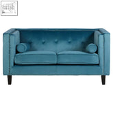 Felisa two seat teal velvet loveseat with tufted back nailhead trim and cylindrical bolster pillows in blue velvet