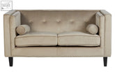 Felisa two seater mink velvet sofa in beige with tufted back rolled pillows and nailhead trim velvet sofa