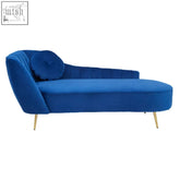 A sleek felizia midnight blue velvet left arm chaise longue with gold-tone legs and a matching circular pillow
