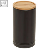 Fenwick black large stoneware canister with a sleek cylindrical shape and a light wood lid for stylish storage