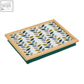 Rectangular fern lap tray with light wood frame and white surface featuring green yellow gray and pink leaf pattern