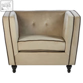 Beige tufted ferris mink velvet chair with dark brown piping and black wooden legs velvet chair for living room