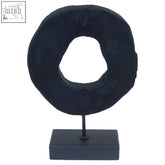 Fidel small rustic mango wood sculpture with charred black finish circular ring on black rectangular base