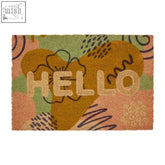 Colorful filta bohemian hello doormat with assorted shades and anti slip pvc backing featuring bold text and abstract flowers