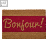 The filta bonjour doormat is a natural brown coir rug with a bold red stripe and embroidered bonjour that prevents fungal growth and absorbs bacteria