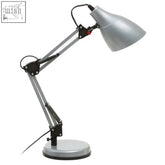 Finley silver desk lamp with adjustable arm, sleek metallic finish, and black joints for silver desk use