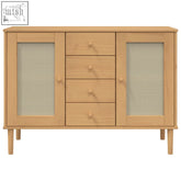 Fioren pinewood solid wood sideboard in light wood with glass doors and woven cane inserts for stylish storage