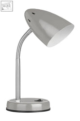 Flexi grey desk lamp with a flexible gooseneck, grey metallic finish, round base, and a sleek, rounded shade