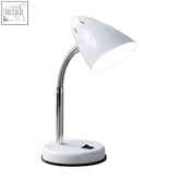 Flexi white gloss desk lamp with white conical shade, flexible chrome gooseneck, and circular base for easy use