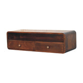 Dark brown california walnut open console table with two drawers and natural wood grain finish and rounded edges
