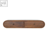 A sleek floating chestnut london console with two drawers brass knobs and an oval wooden design wall-mounted