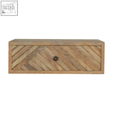 A rustic floating line carved bedside table drawer with herringbone solid mango wood and dark metal knob