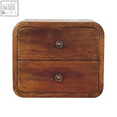 Rustic brown wooden floating mini chestnut bedside table with two drawers and round silver knobs wall-mounted