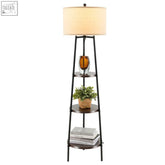 Black metal and dark wood floor lamp with shelves linen lampshade and chain switch socket base design