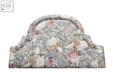 Florence headboard with plush gray fabric, elegant pink and white hydrangea floral pattern, and padded border detail