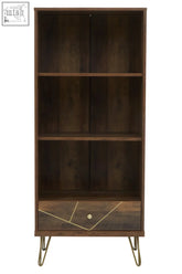 Dark wood flori 3 tier shelving unit with gold geometric inlay drawer and hairpin legs for stylish storage