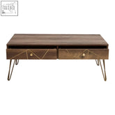 Modern flori coffee table with dark wood top geometric drawer inlay and gold hairpin legs for stylish living rooms