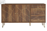 Flori sideboard with three drawers features geometric inlay patterns warm wood effect and gold hairpin legs