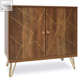 Brown wooden flori two door sideboard with gold geometric inlays and angular metal legs in warm metallic finish