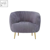 Florina grey velvet chair with gold legs featuring plush lavender velvet and vertical ribbed detailing