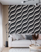 Black and white wavy patterned textured striped wallpaper called flow perfect for stylish interior walls