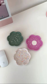 Three flower trinket dish coasters in green pink and multicolored speckled surface perfect for small items