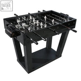 Black foosball table with glossy finish, white player figures, and black handles perfect for game rooms