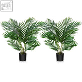 Two green areca artificial palm plants in black plastic pots by fopamtri perfect for indoor decor