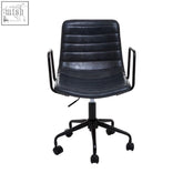 Forbes grey home office chair with black leather seat, ribbed back, metal armrests, black metal base, and five castor wheels